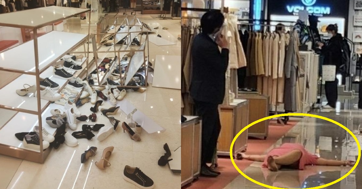 실시간.. 영등포 백화점 신발 진열대 부숴버리고 바닥에 드러누운 여성 (현장영상)
