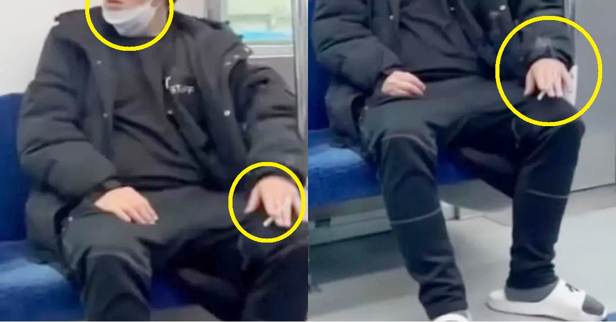 실시간 지하철 1호선 ‘턱스크’ 흡연 빌런.. 옆에 어르신이 말리자 한다는 짓 (사진)